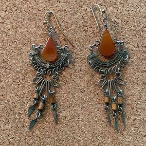 Vintage 1960’s carnelian orange amber color polished stone hippie boho earrings